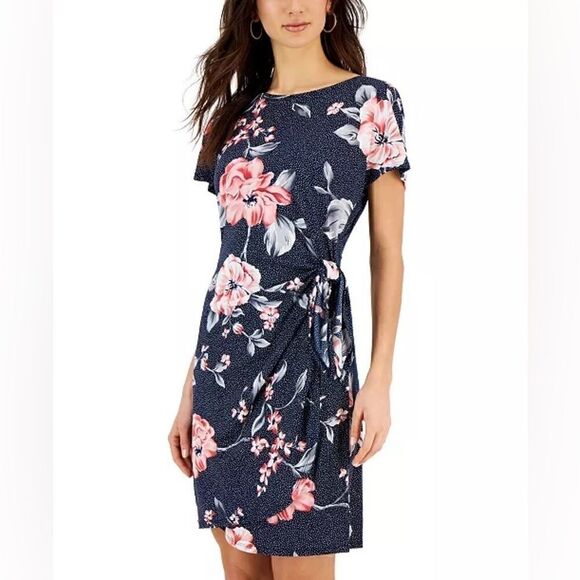 ROBBIE BEE Petite Side-Tie Short-Sleeve Jersey Dress PSM - Picture 1 of 12